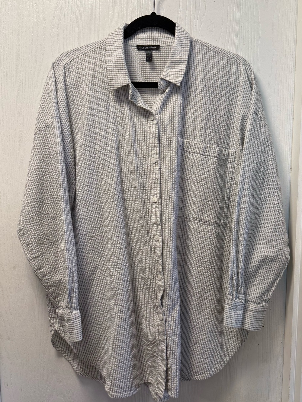 Eileen Fisher women’s seersucker black and white check button-up shirt, size L